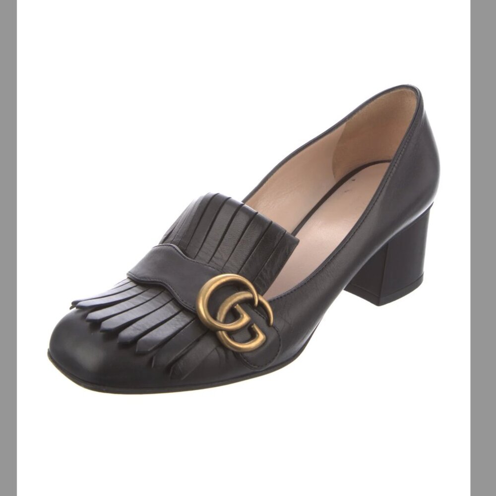 GUCCI Double G Logo Black Leather Square Toe Pumps Size 38 - Picture 2 of 7